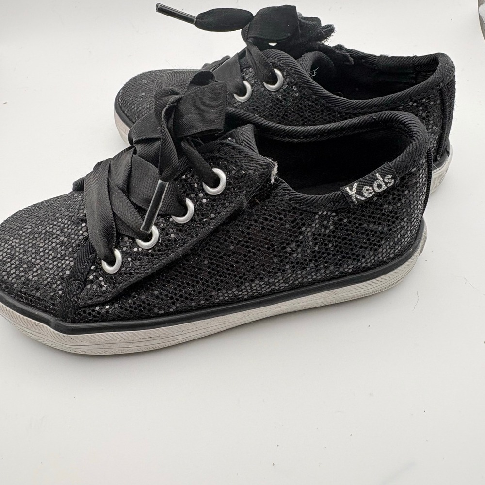 Keds Kids Black Glitter Sparkle Low Top Sneakers Ribbon Laces Size 12.5 - Picture 4 of 7
